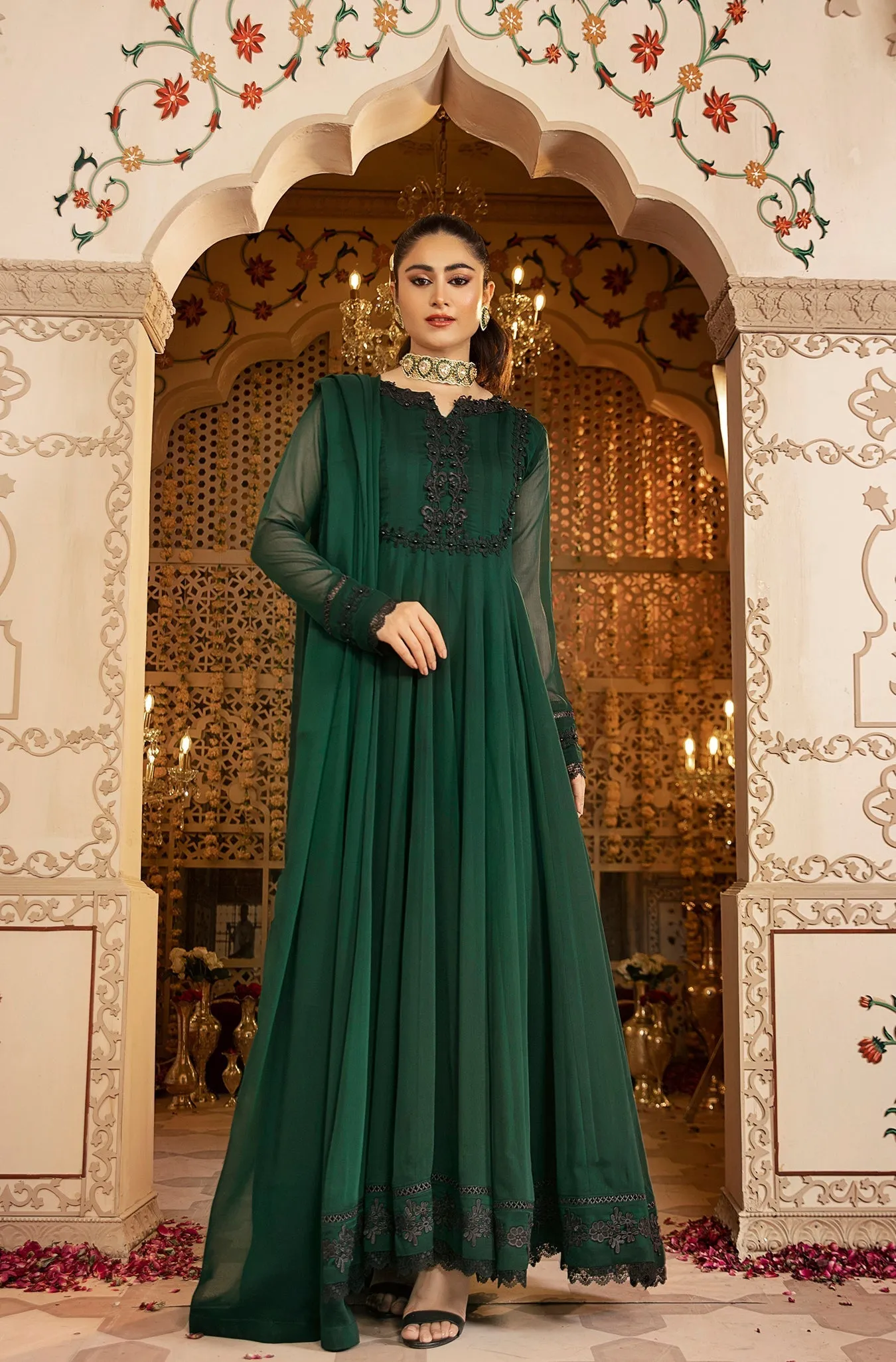 Forest Green Embellished Chiffon Frock (Zoya)