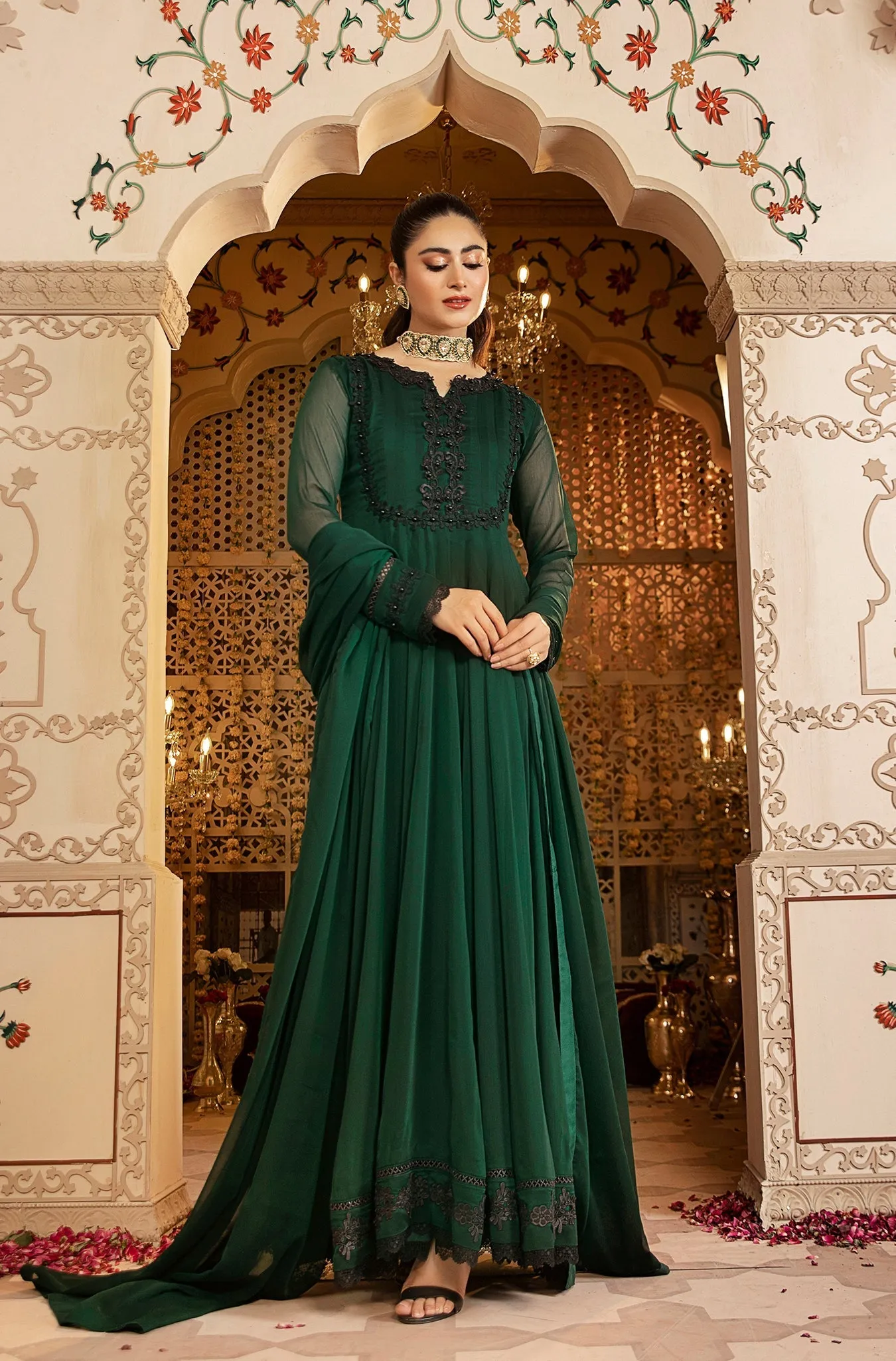 Forest Green Embellished Chiffon Frock (Zoya)