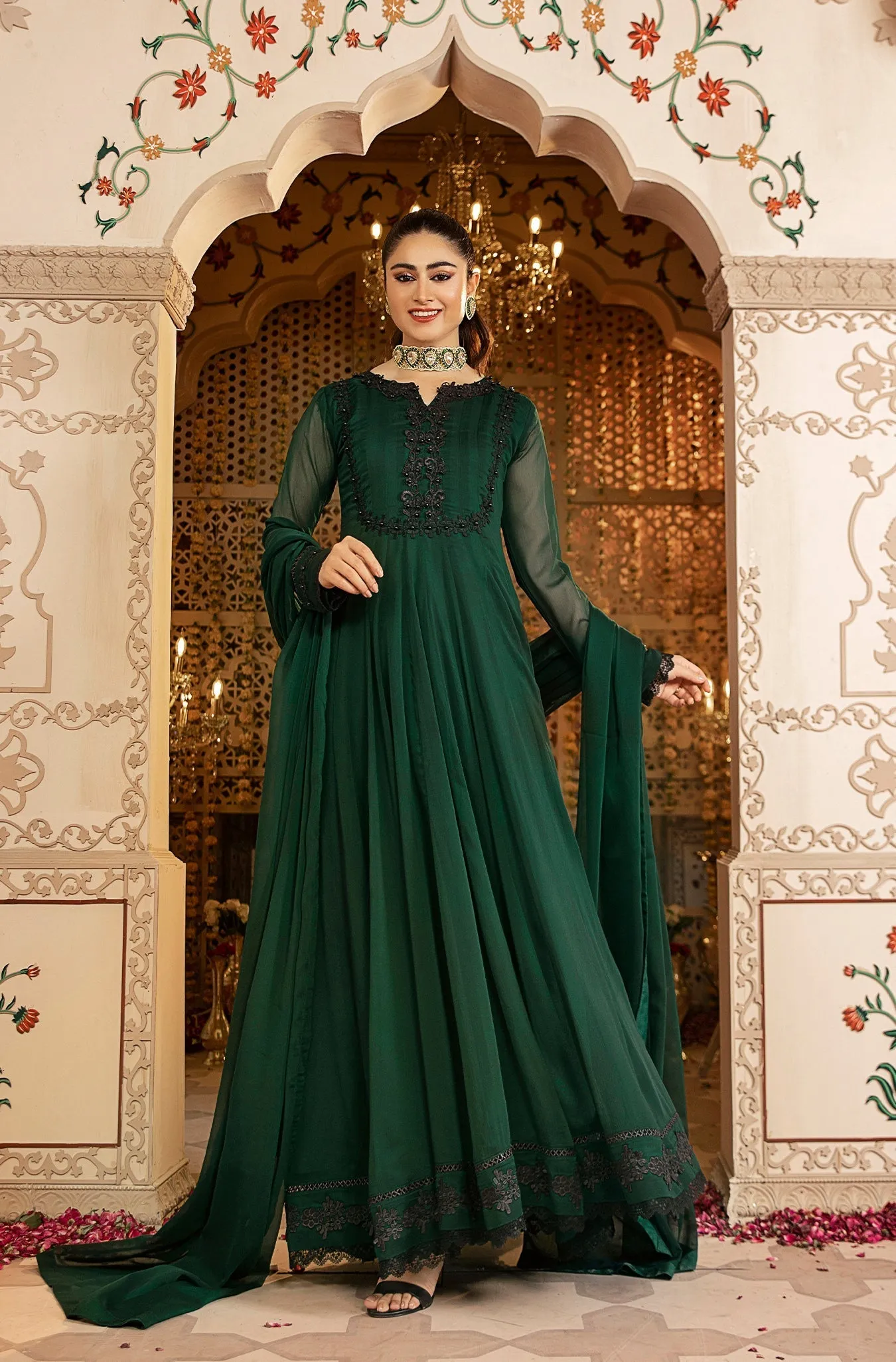 Forest Green Embellished Chiffon Frock (Zoya)