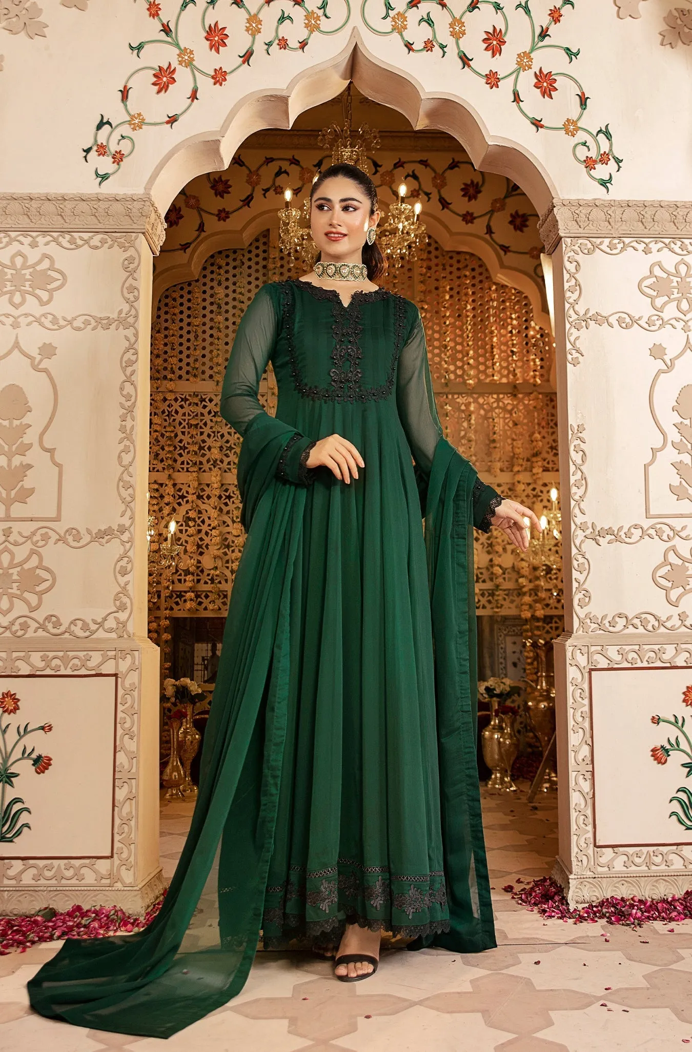 Forest Green Embellished Chiffon Frock (Zoya)