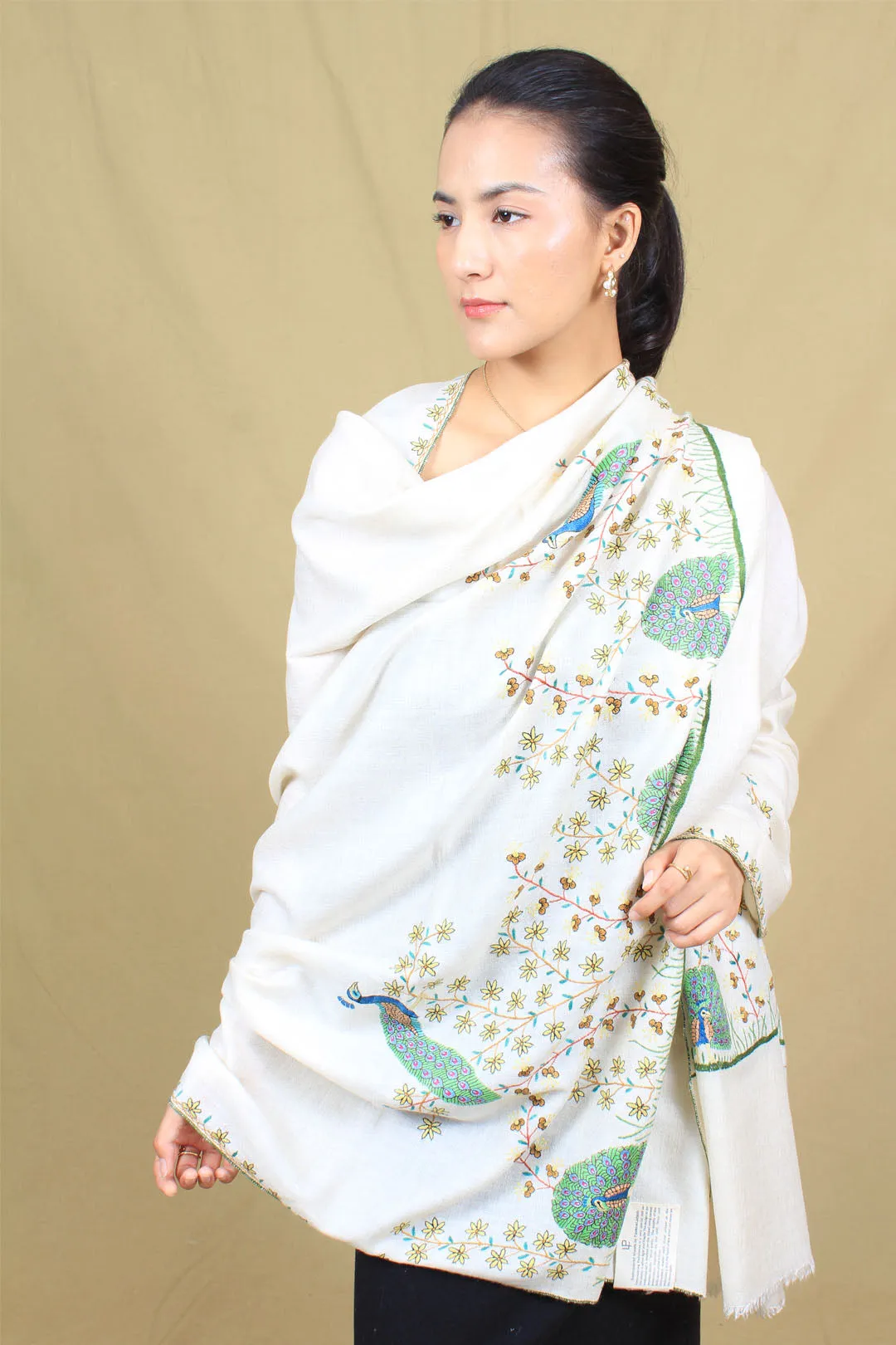 Haleemah Ivory Paldar Sozni Embroidered Pashmina Shawl