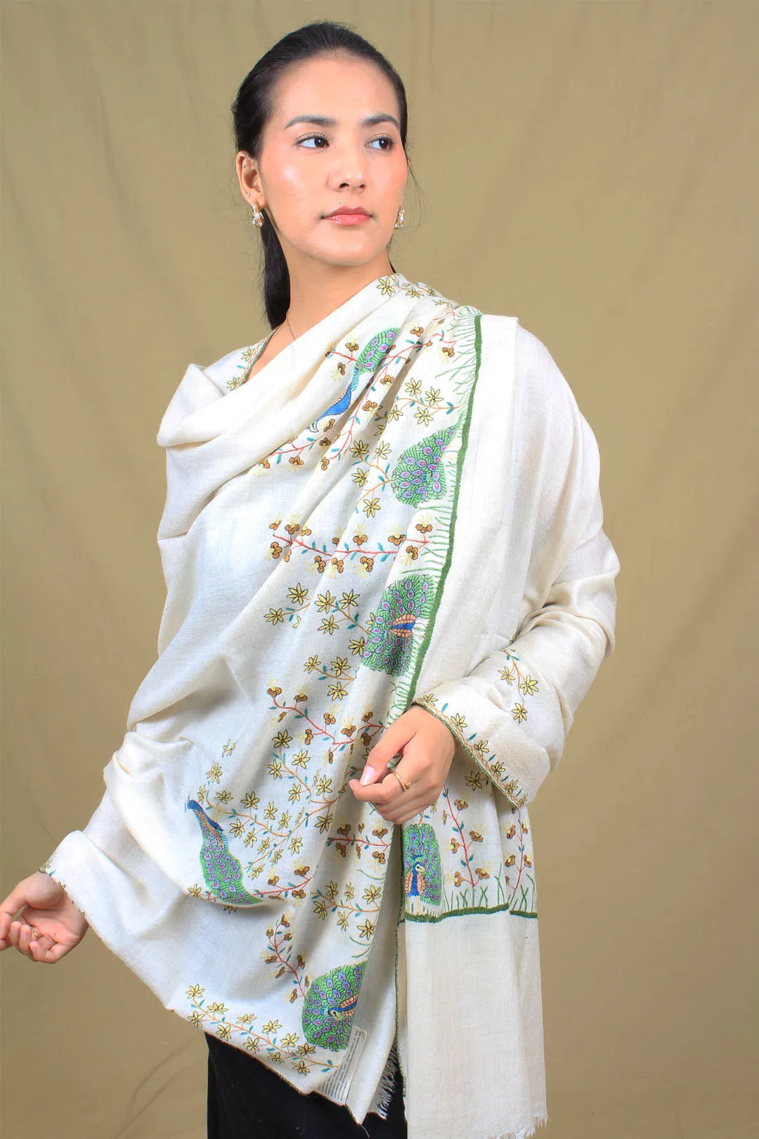 Haleemah Ivory Paldar Sozni Embroidered Pashmina Shawl