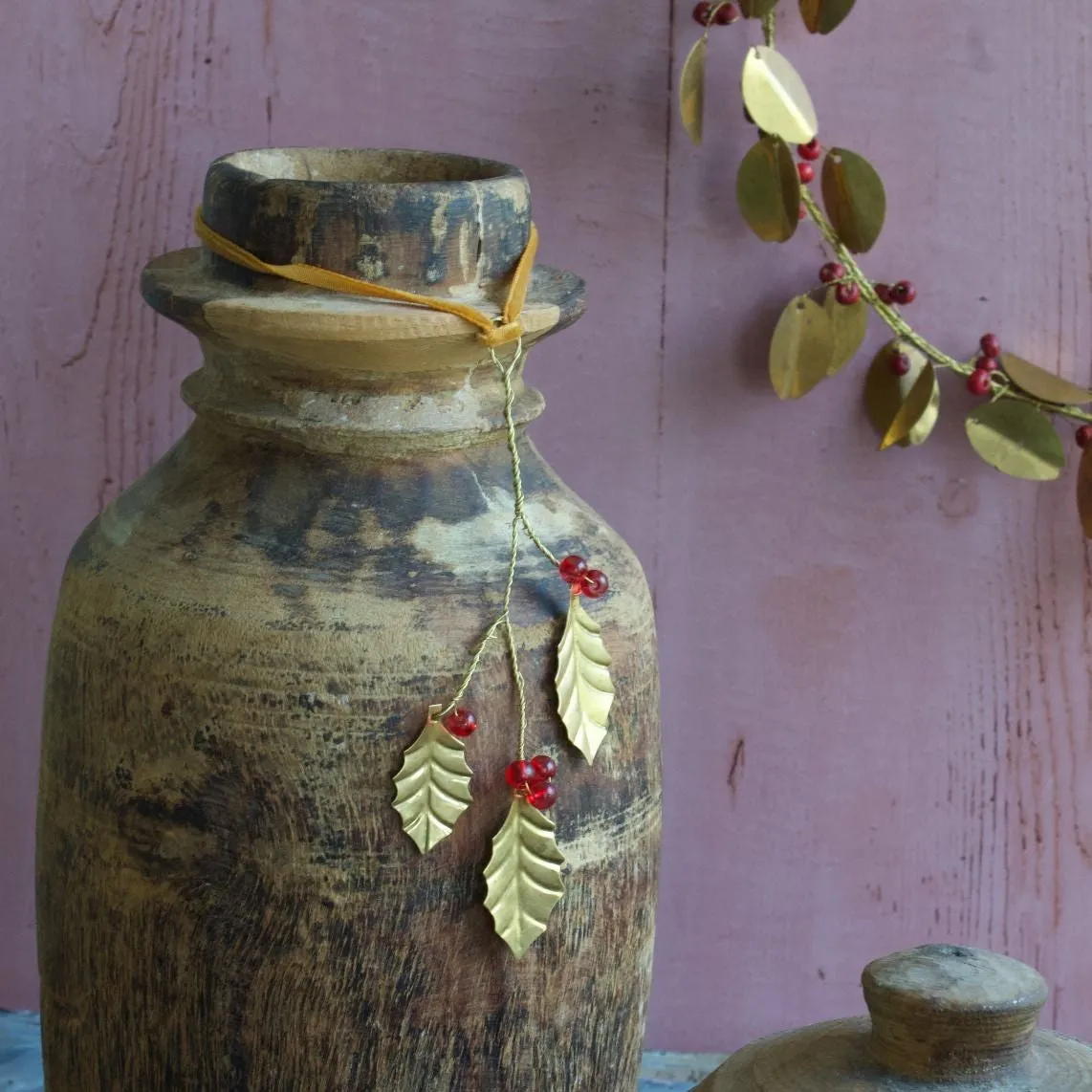 Hanging Brass Holly Leaf and Red Berry Decoration