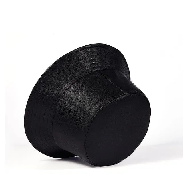 Men's Punk Faux Leather Black Floppy Visor Bucket Hat