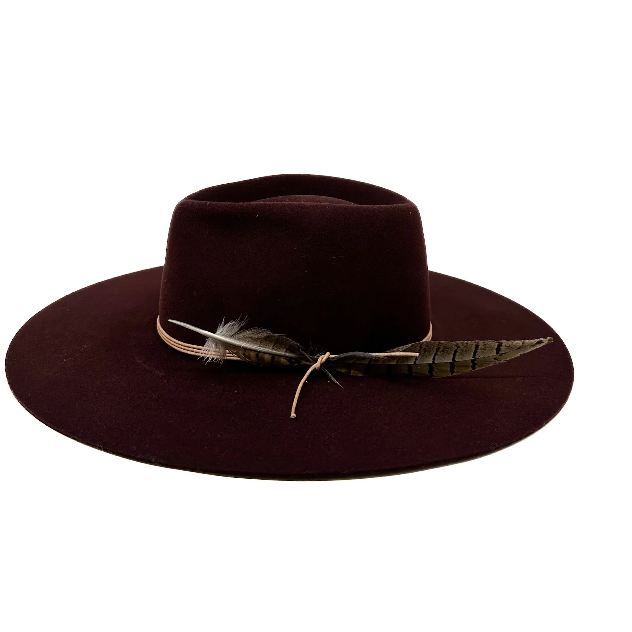 Montana fedora in burgundy with wrapped leather and feather