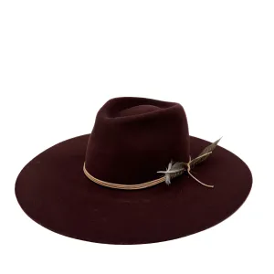 Montana fedora in burgundy with wrapped leather and feather