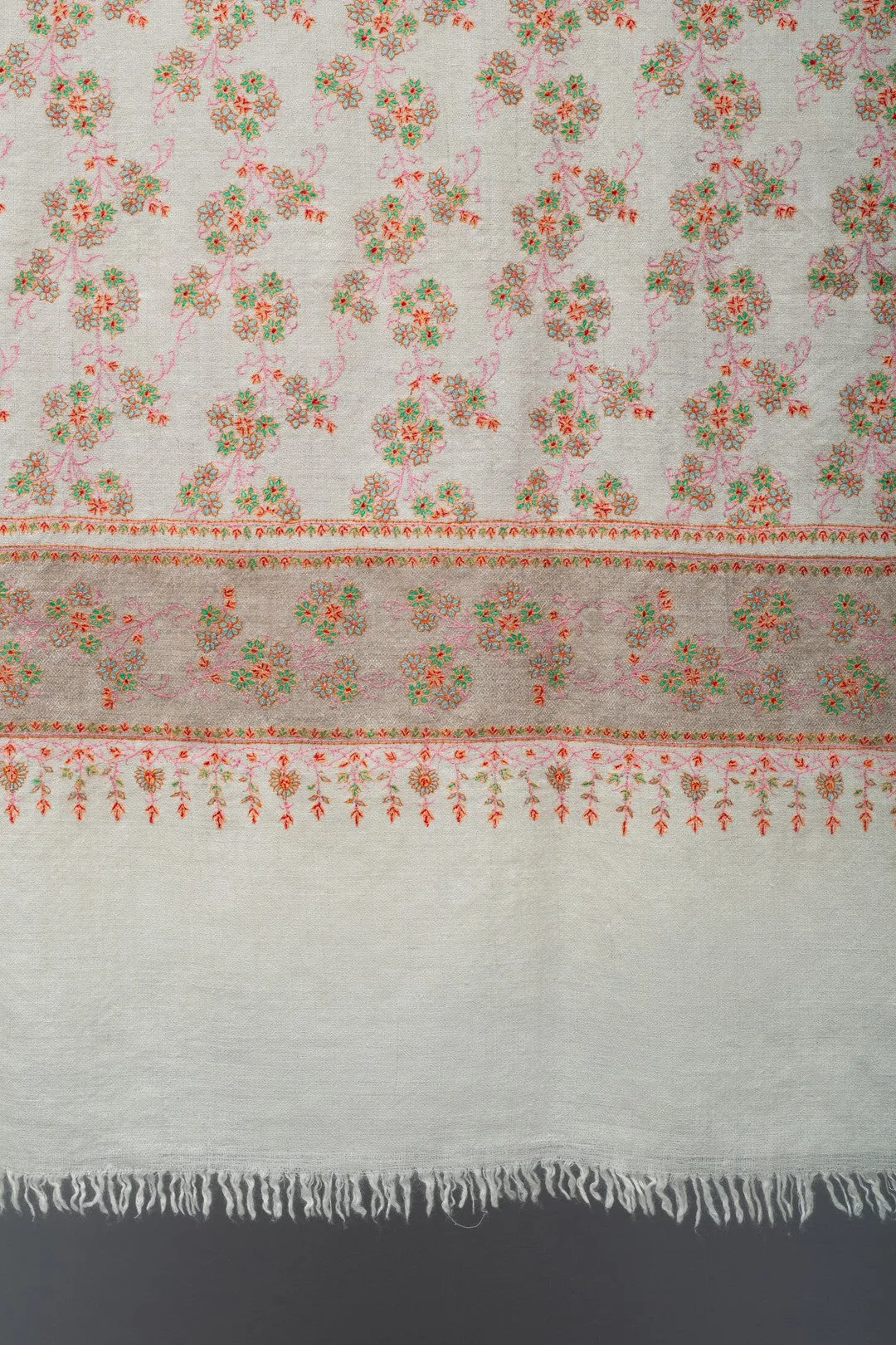 Moonvine Ivory Dourdar Butidar Jaali Sozni Embroidered Shawl