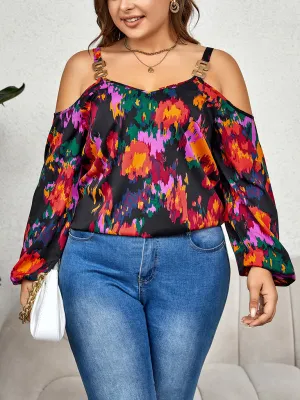 New Plus Size Women's Fashionable Graffiti Print Puffy Sleeve Top