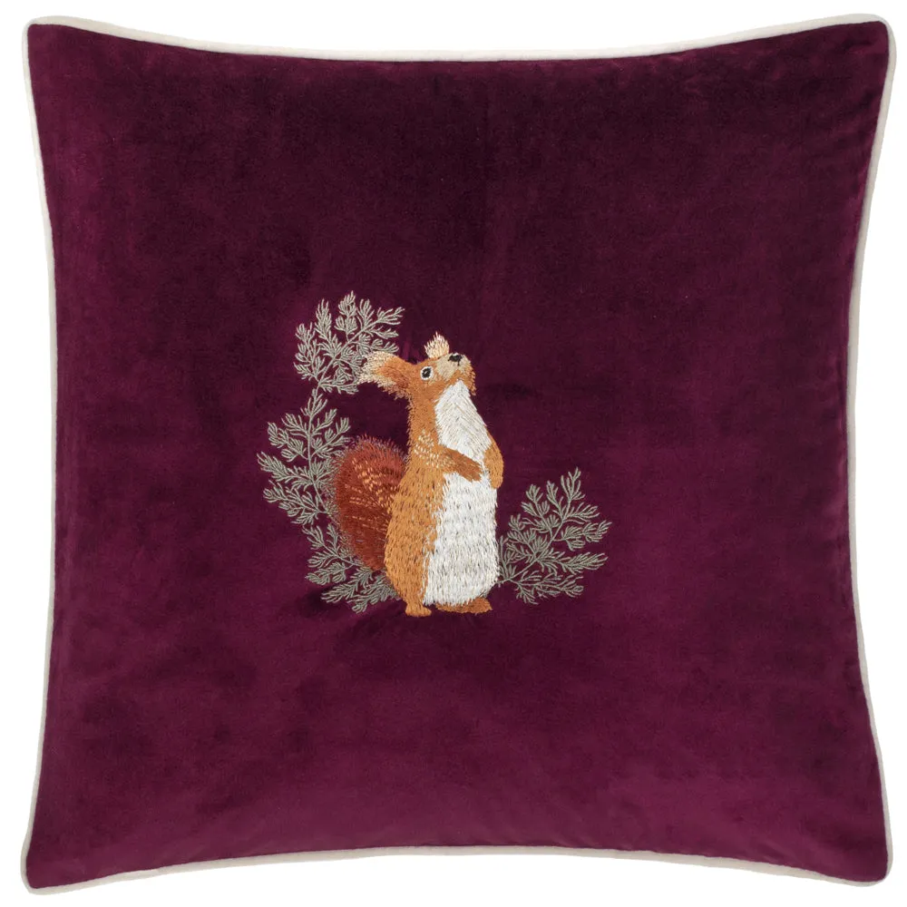 Pineberry Forest Embroidered Velvet Cushion Plum