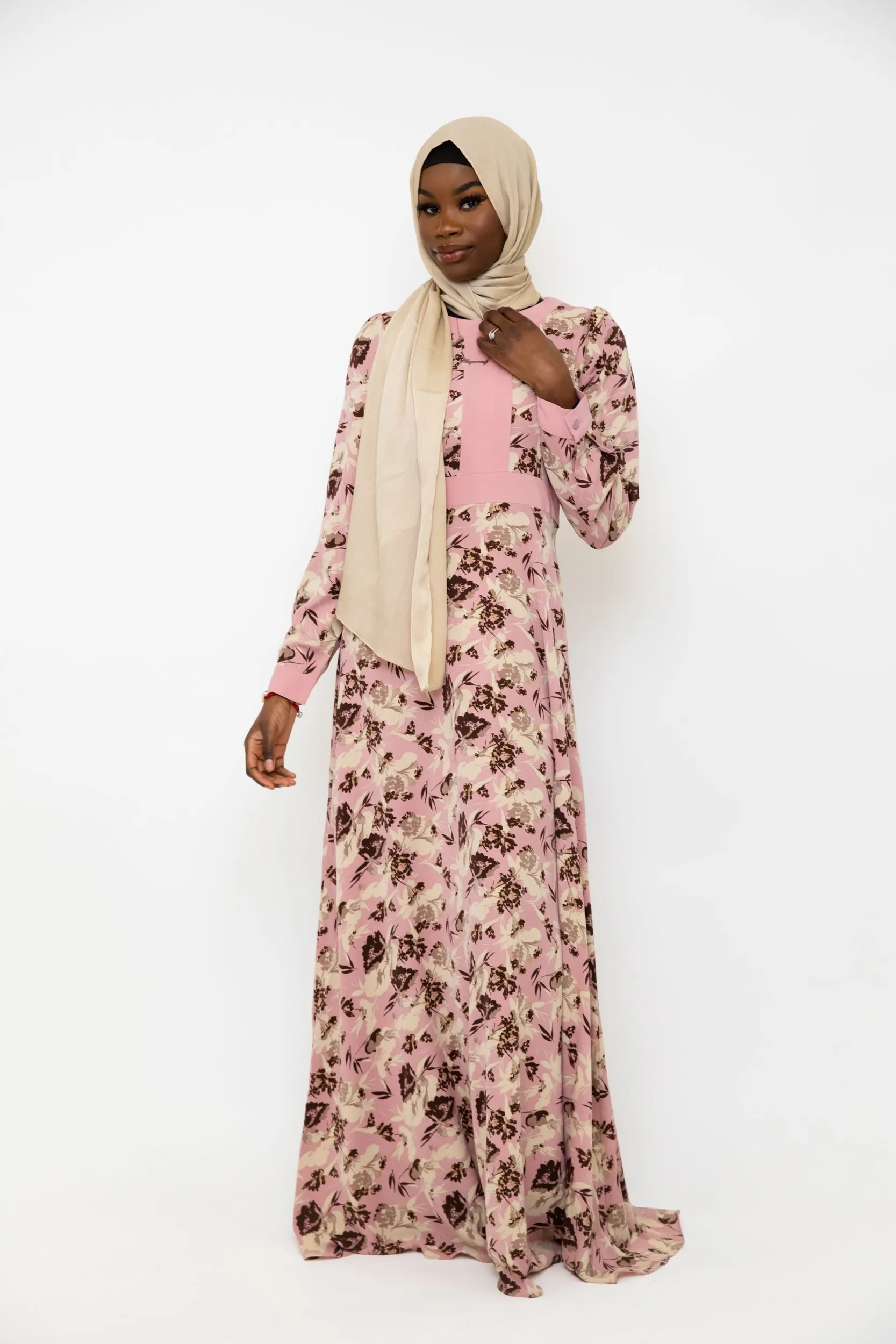 Pink and Beige Floral Chiffon Maxi Dress-CLEARANCE