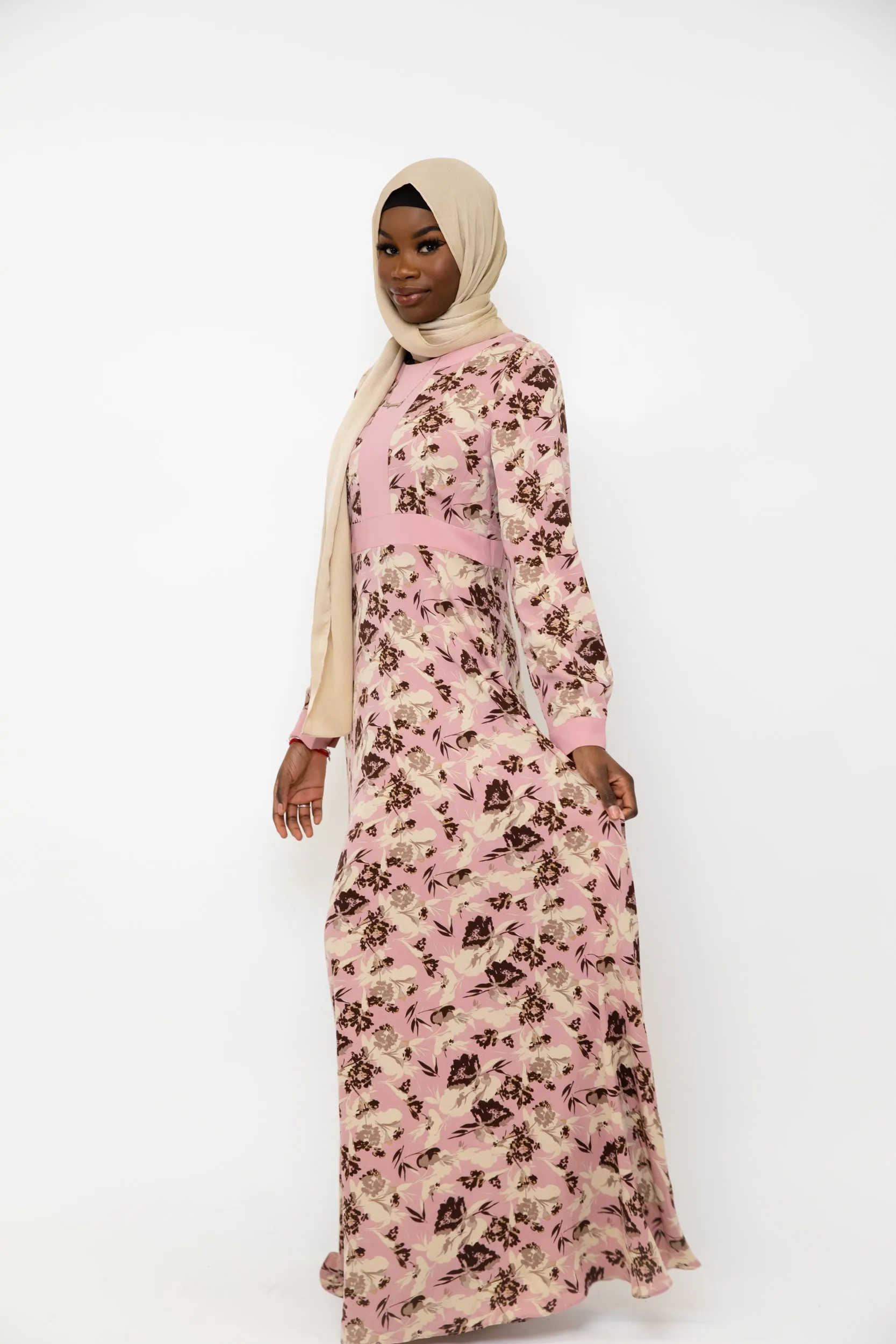 Pink and Beige Floral Chiffon Maxi Dress-CLEARANCE