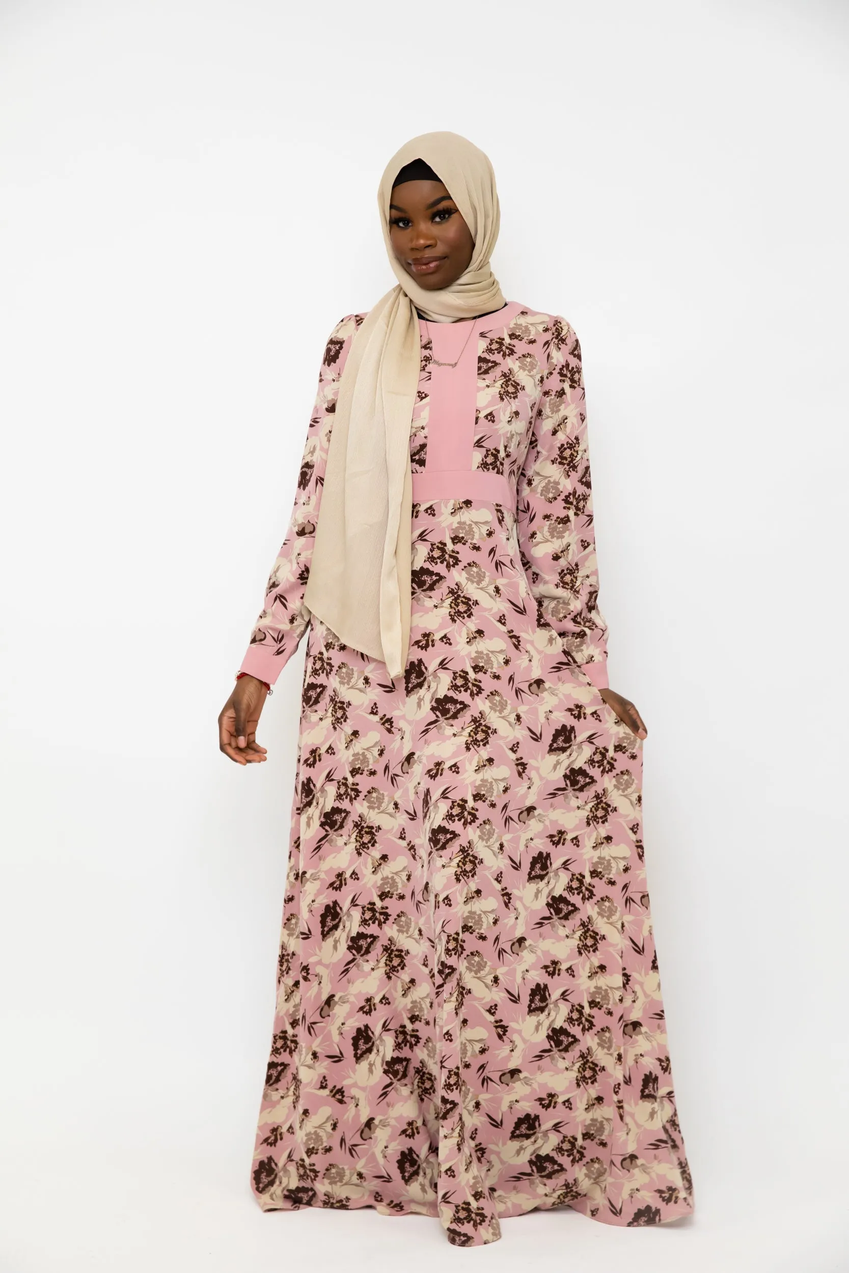 Pink and Beige Floral Chiffon Maxi Dress-CLEARANCE