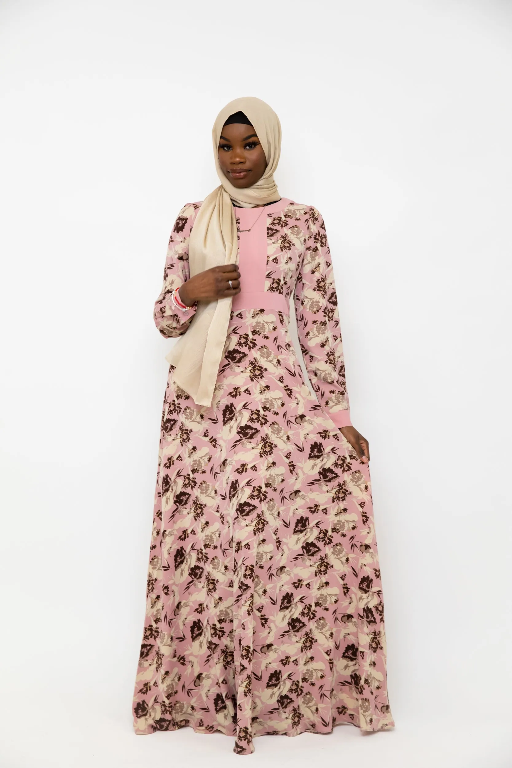 Pink and Beige Floral Chiffon Maxi Dress-CLEARANCE