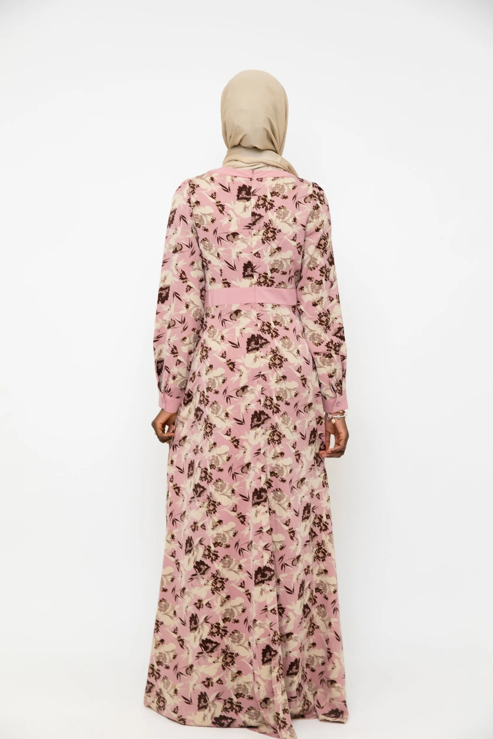 Pink and Beige Floral Chiffon Maxi Dress-CLEARANCE