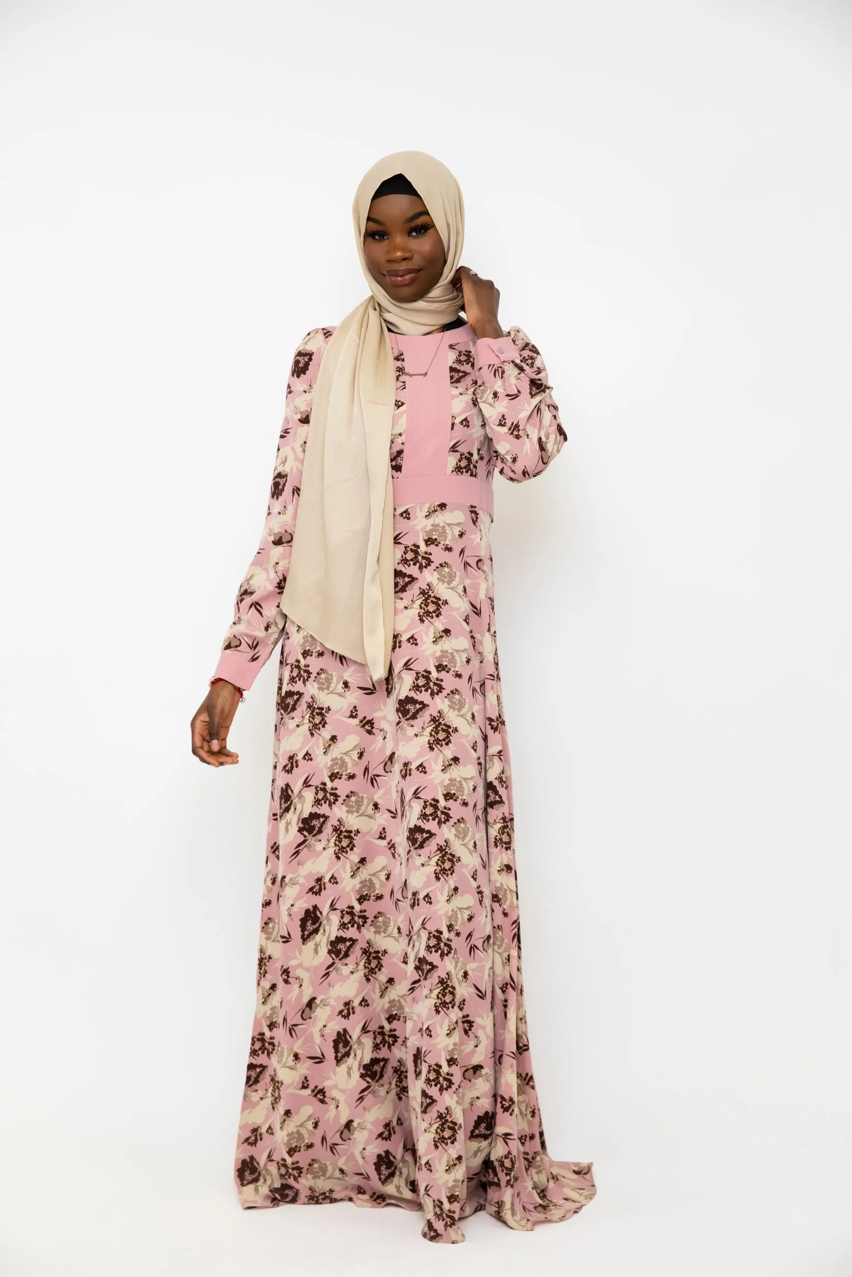 Pink and Beige Floral Chiffon Maxi Dress-CLEARANCE