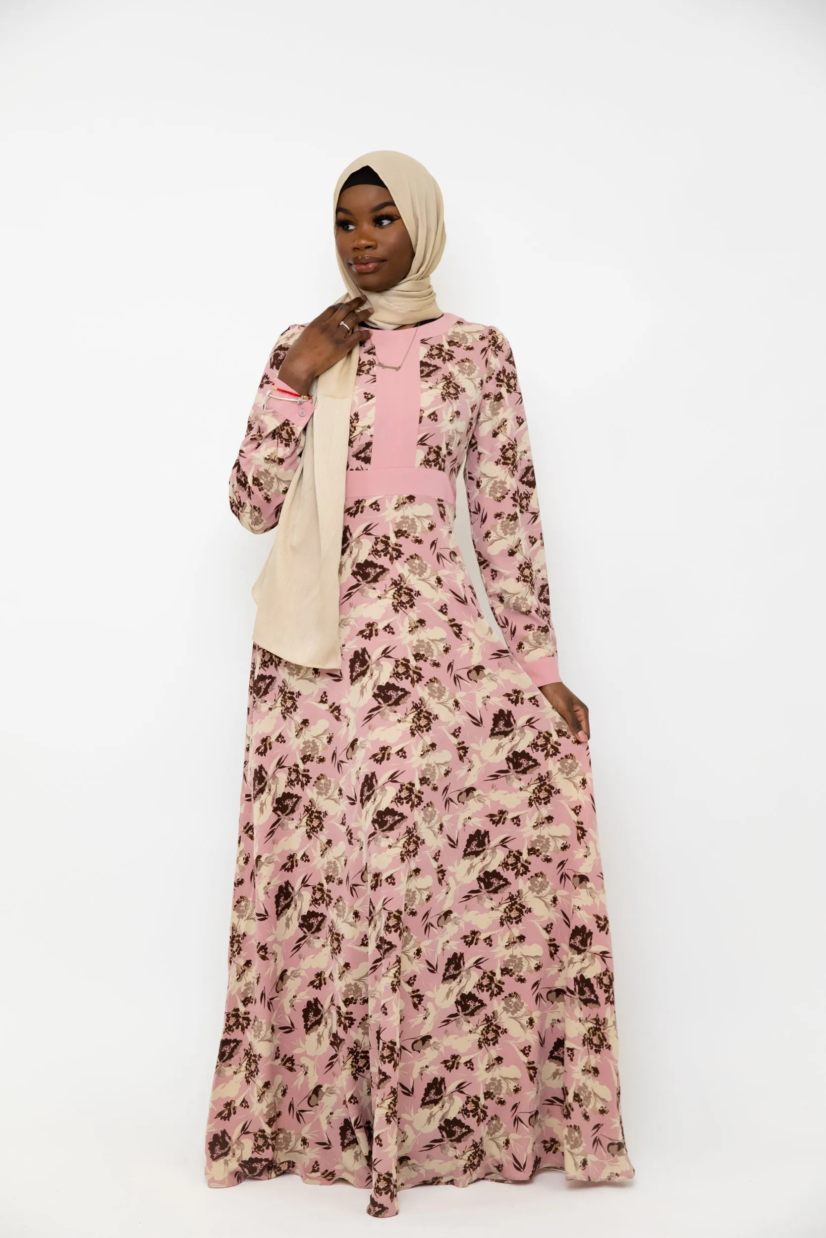 Pink and Beige Floral Chiffon Maxi Dress-CLEARANCE