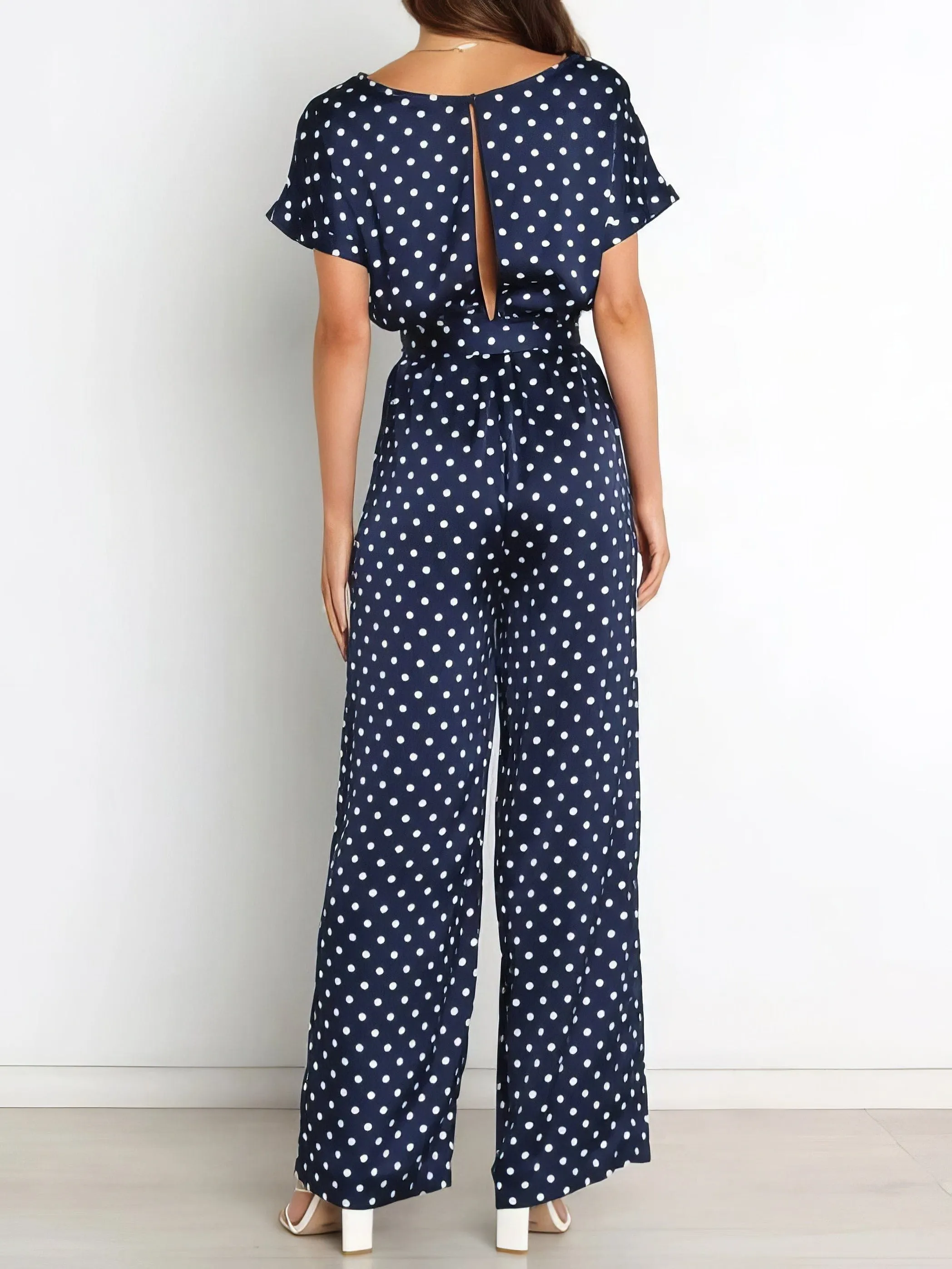 Polka Dot Print Belted Short Sleeve Jumpsuit