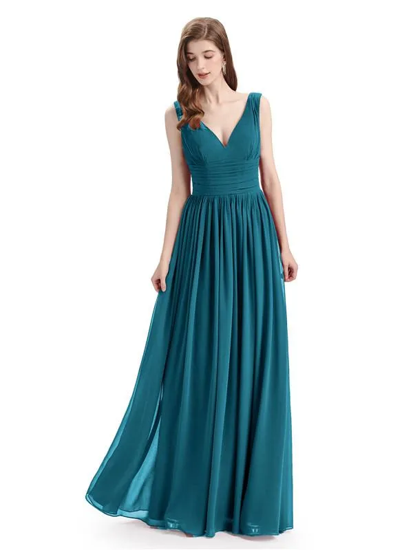 Simple Spaghetti Straps Chiffon A-line Sleeveless Floor-Length Bridesmaid Dresses