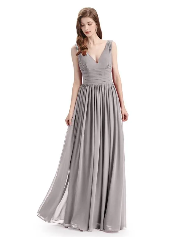 Simple Spaghetti Straps Chiffon A-line Sleeveless Floor-Length Bridesmaid Dresses