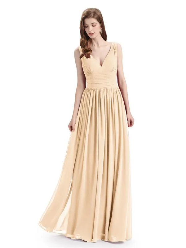 Simple Spaghetti Straps Chiffon A-line Sleeveless Floor-Length Bridesmaid Dresses