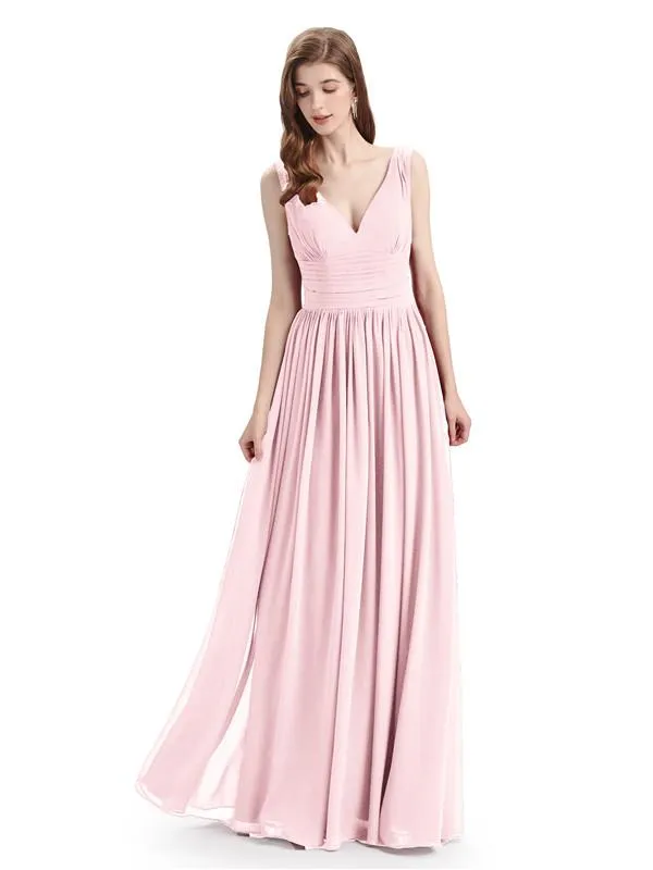 Simple Spaghetti Straps Chiffon A-line Sleeveless Floor-Length Bridesmaid Dresses