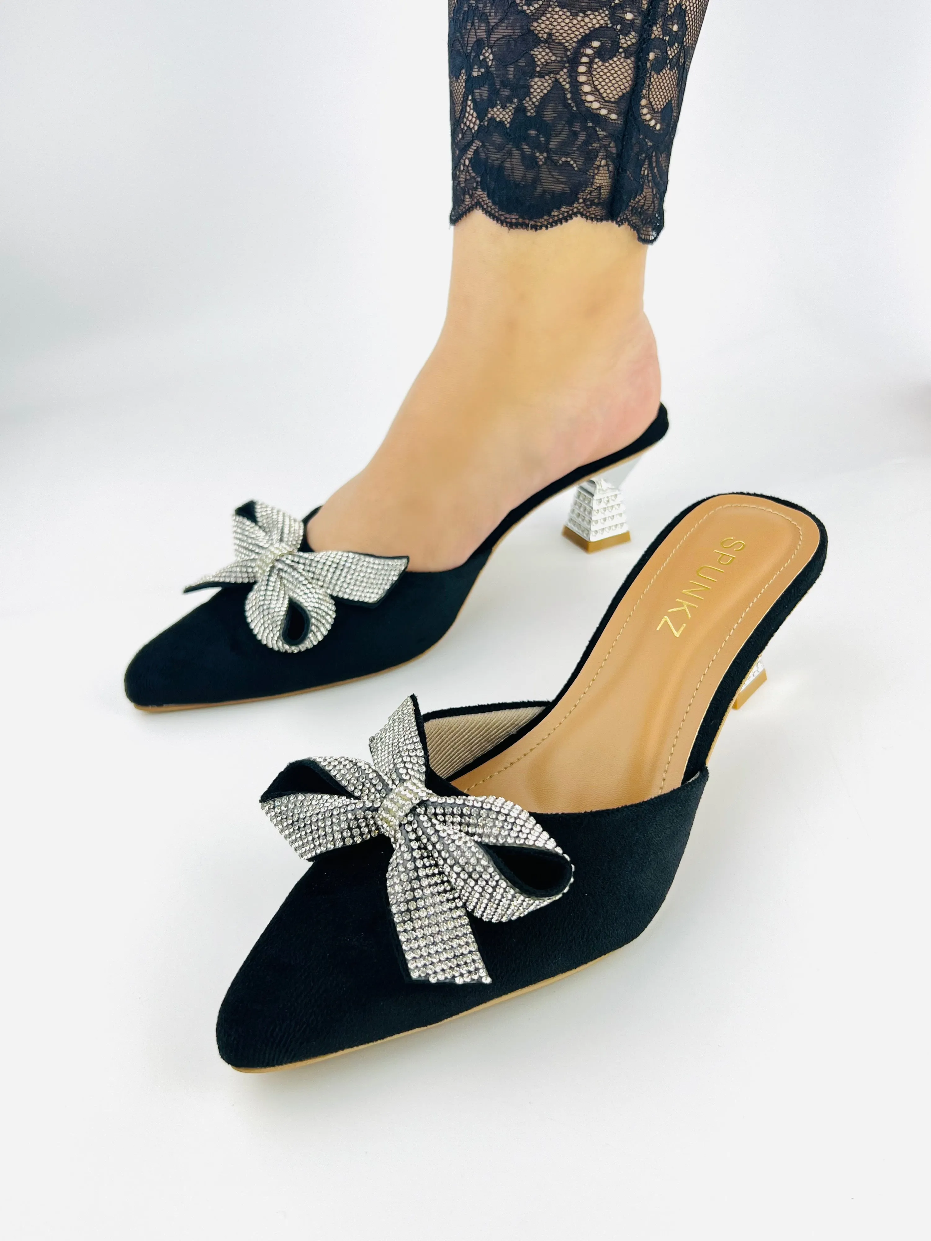 Spunkz Pointed Toe Black Velvet Mules with Rhinestone Kitten Heels