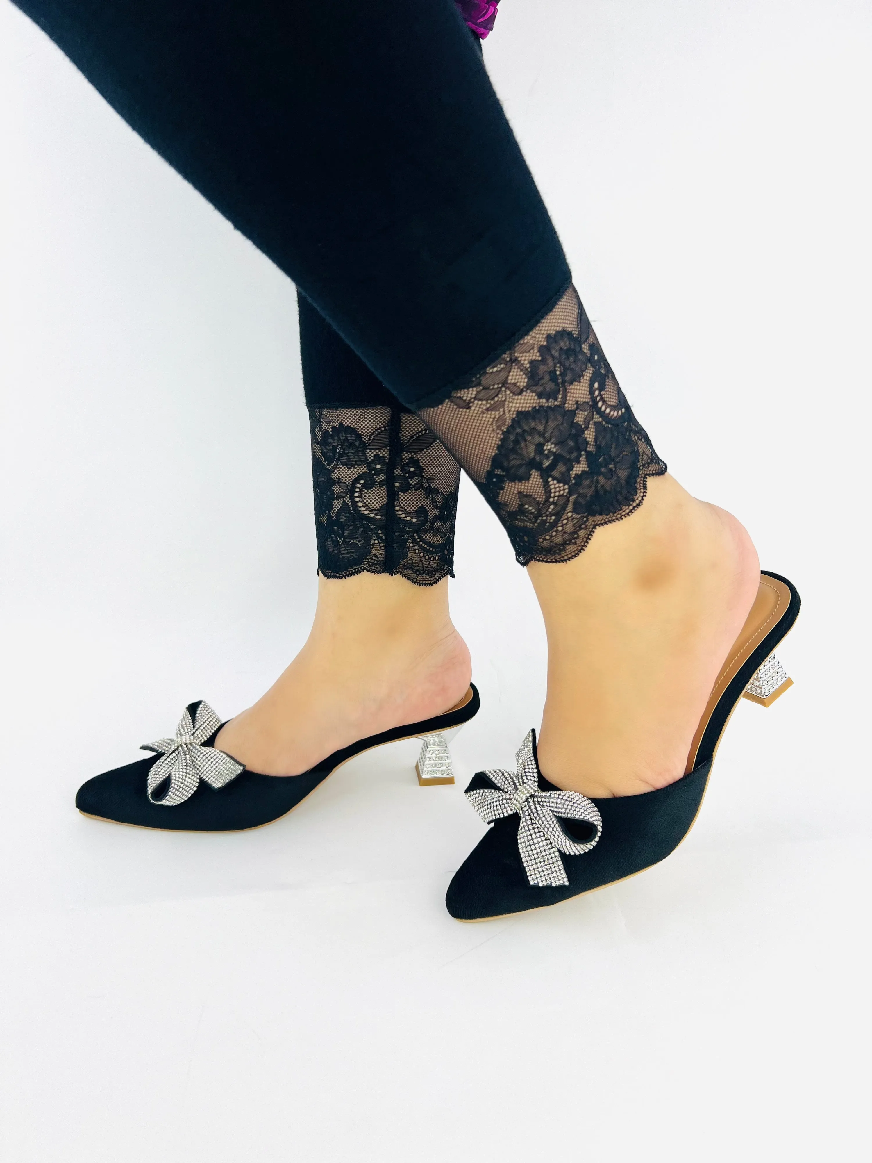 Spunkz Pointed Toe Black Velvet Mules with Rhinestone Kitten Heels