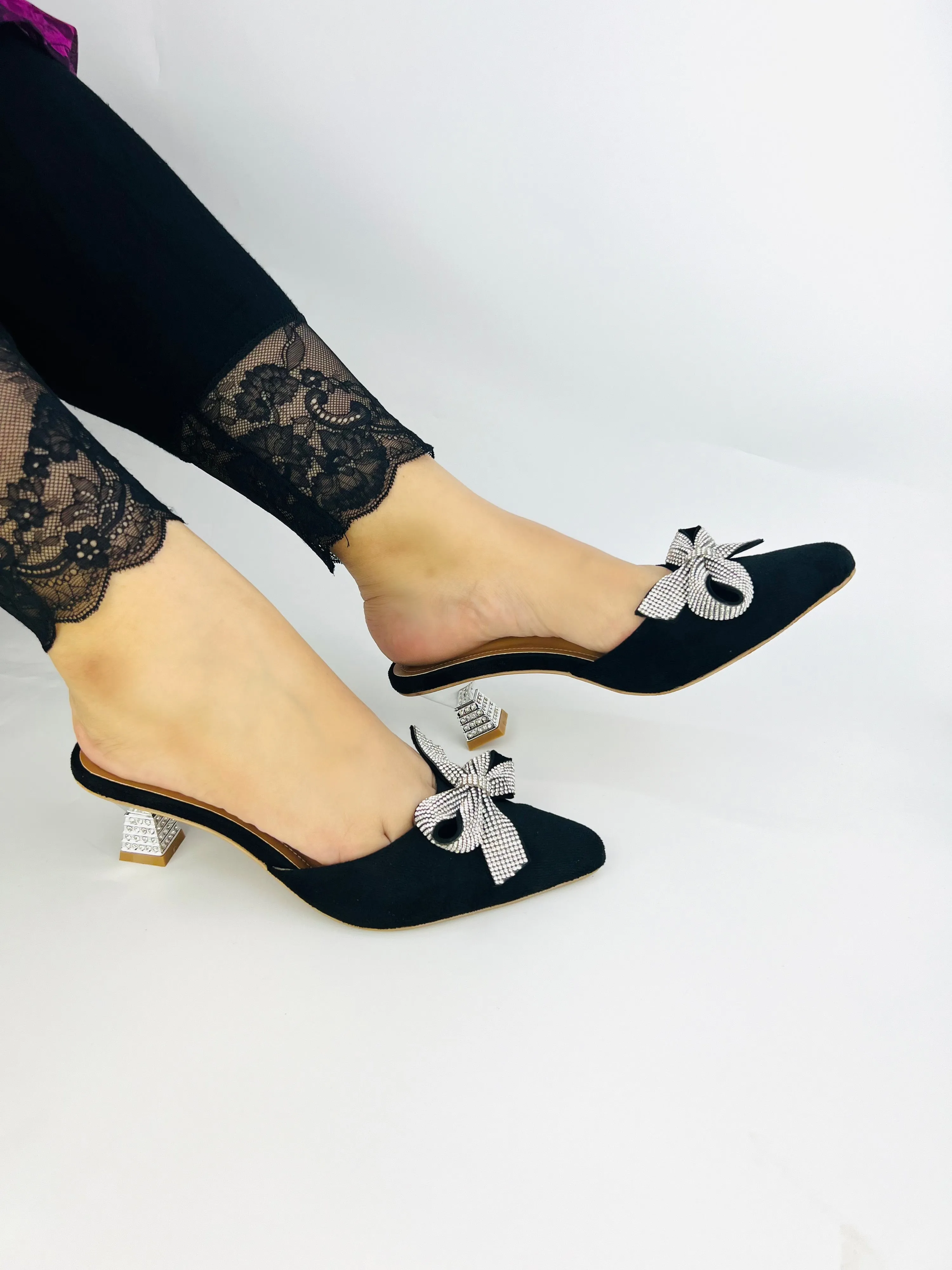 Spunkz Pointed Toe Black Velvet Mules with Rhinestone Kitten Heels