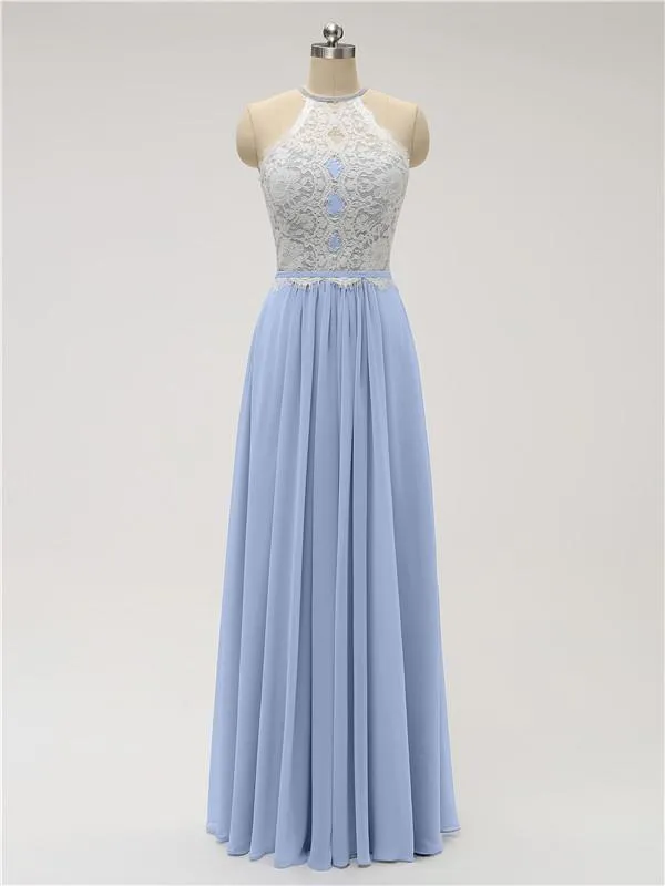 Top Lace Halter Chiffon Floor Length Bridesmaid Dresses