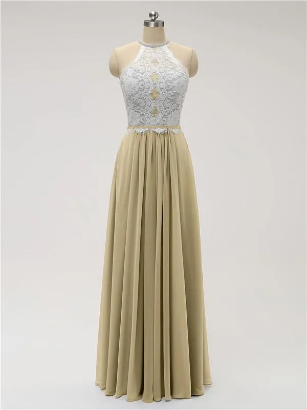 Top Lace Halter Chiffon Floor Length Bridesmaid Dresses