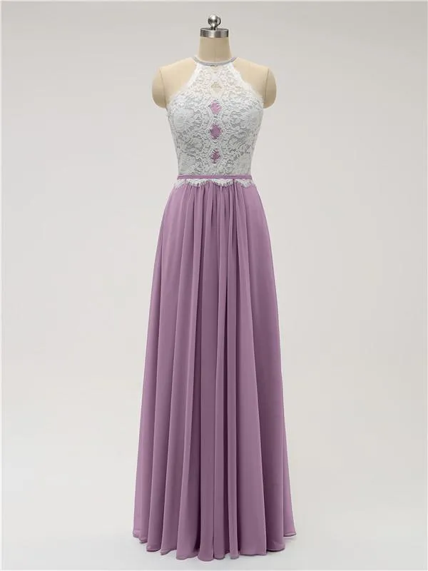 Top Lace Halter Chiffon Floor Length Bridesmaid Dresses