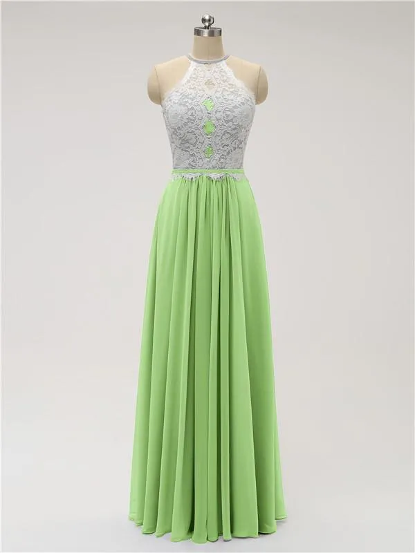 Top Lace Halter Chiffon Floor Length Bridesmaid Dresses