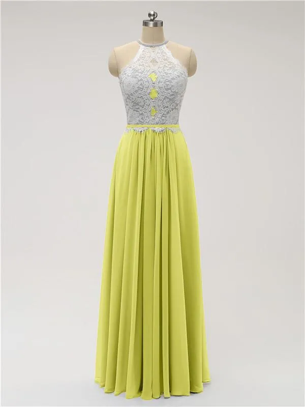 Top Lace Halter Chiffon Floor Length Bridesmaid Dresses