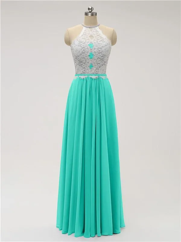 Top Lace Halter Chiffon Floor Length Bridesmaid Dresses