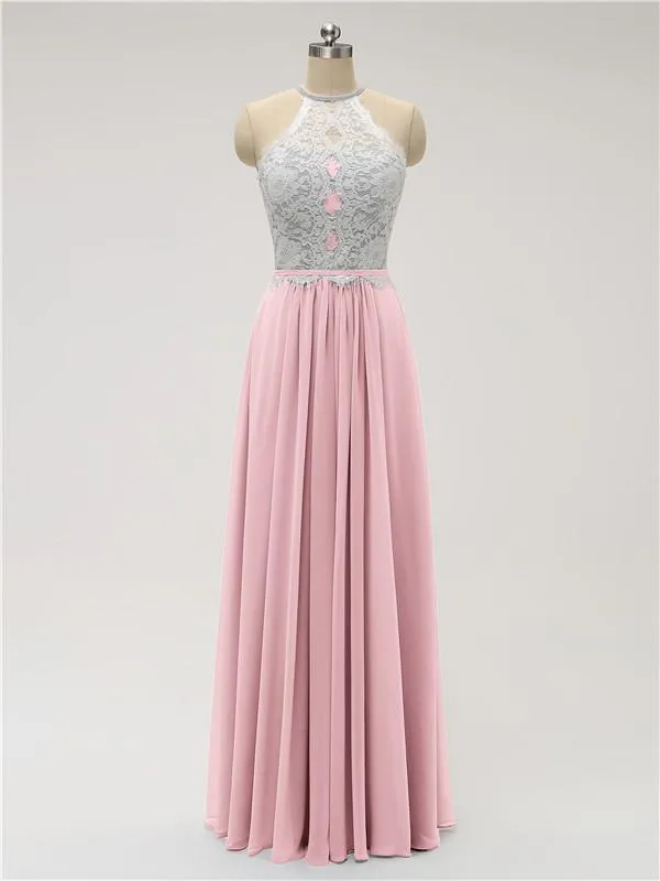 Top Lace Halter Chiffon Floor Length Bridesmaid Dresses