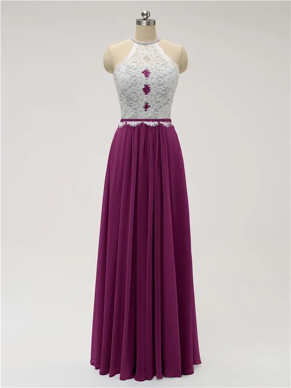 Top Lace Halter Chiffon Floor Length Bridesmaid Dresses