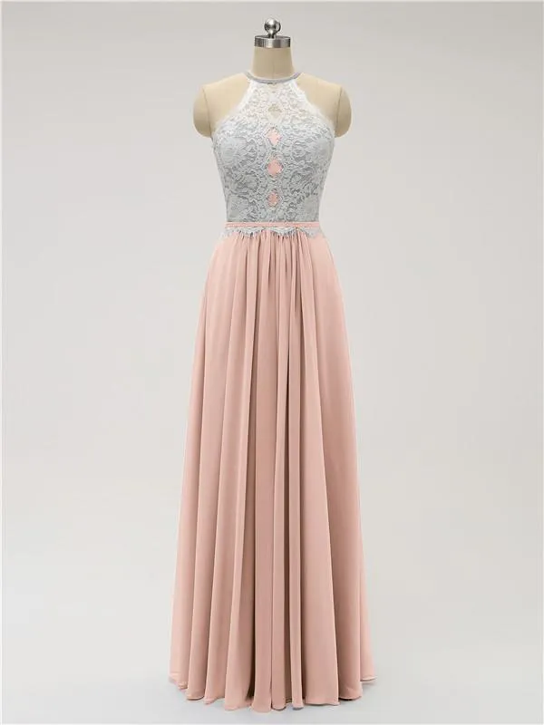 Top Lace Halter Chiffon Floor Length Bridesmaid Dresses