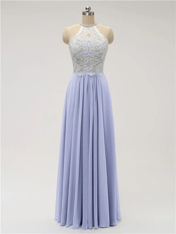 Top Lace Halter Chiffon Floor Length Bridesmaid Dresses