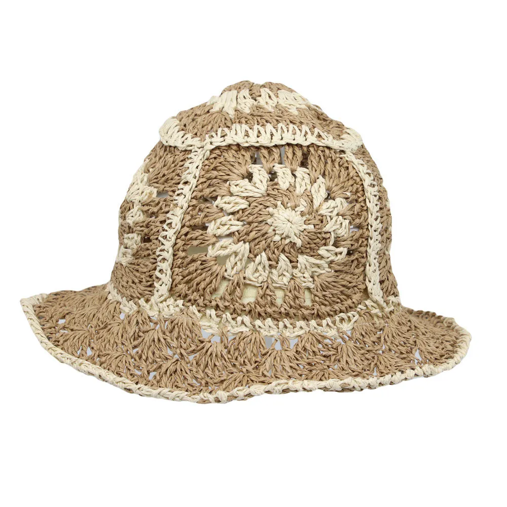 Women Floral Straw Crochet Sun Cap Summer Bowler Foldable Bucket Hat JDH1397