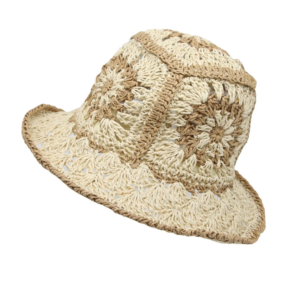 Women Floral Straw Crochet Sun Cap Summer Bowler Foldable Bucket Hat JDH1397