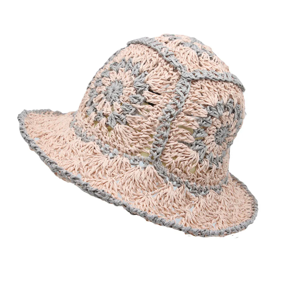 Women Floral Straw Crochet Sun Cap Summer Bowler Foldable Bucket Hat JDH1397