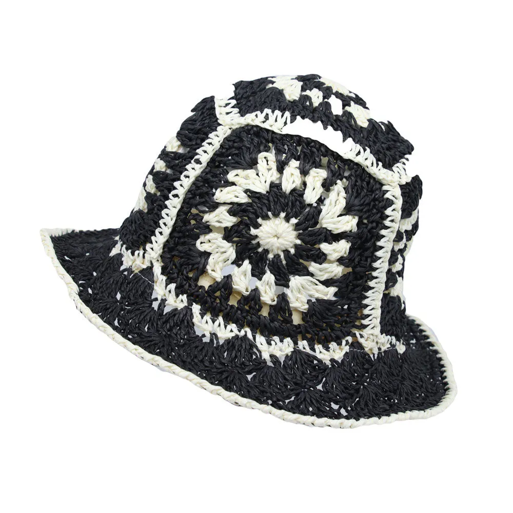 Women Floral Straw Crochet Sun Cap Summer Bowler Foldable Bucket Hat JDH1397