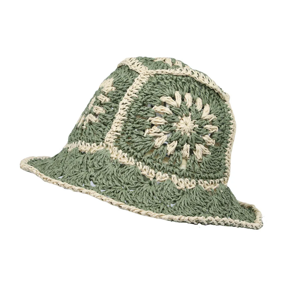 Women Floral Straw Crochet Sun Cap Summer Bowler Foldable Bucket Hat JDH1397