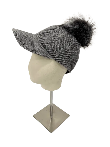 WOOL CAP WITH FOX POMPOM GREY